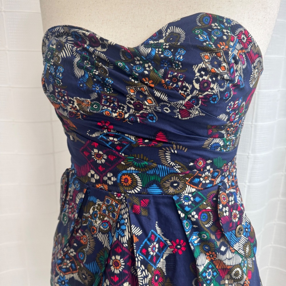Fei Anthropologie Strapless Sweetheart Peplum Top Navy Geometric Floral Print 8